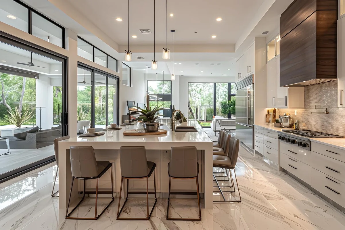 Modern kitchen remodel with large island and open living space