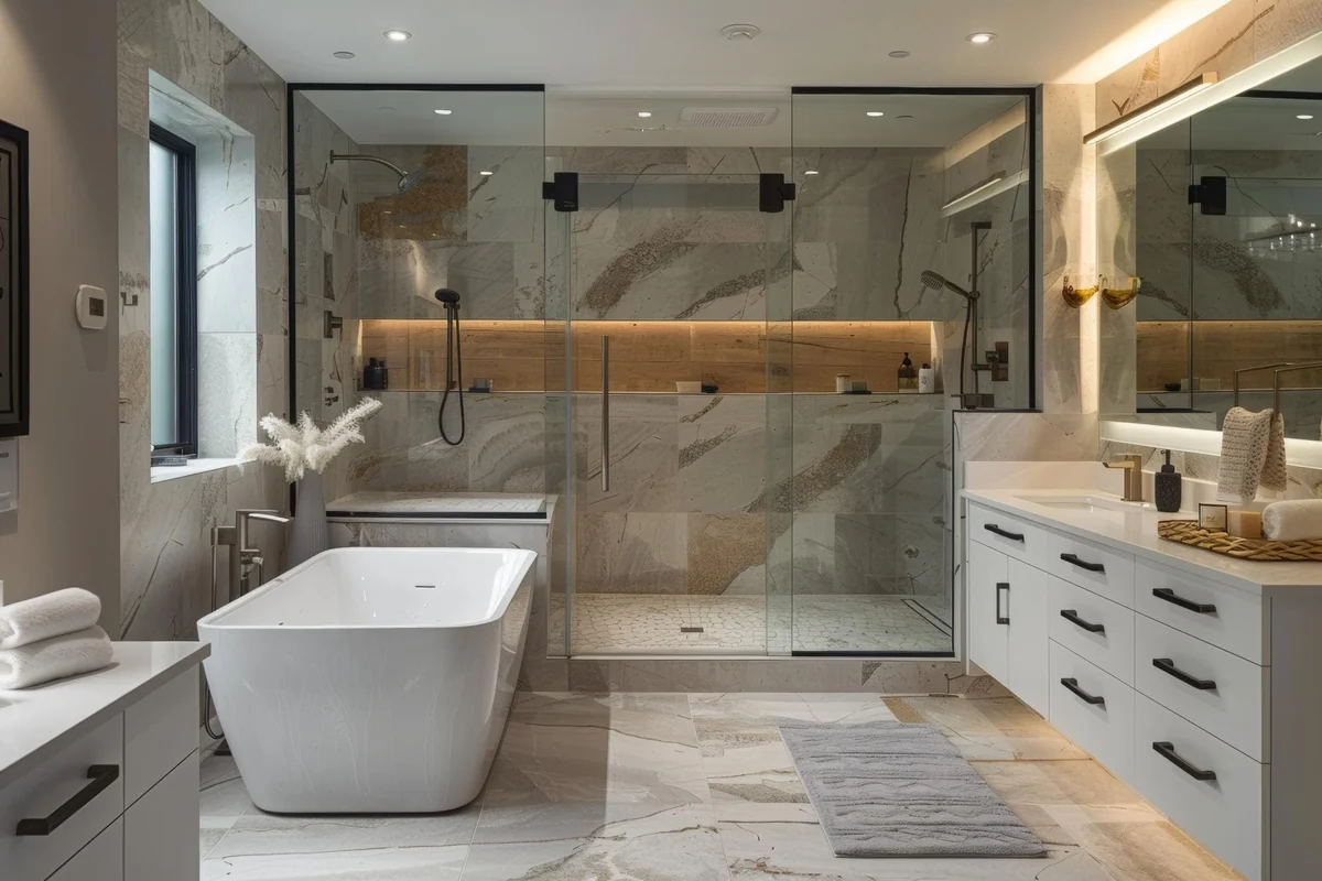 Luxury bathroom remodel with freestanding tub and glass walk in shower