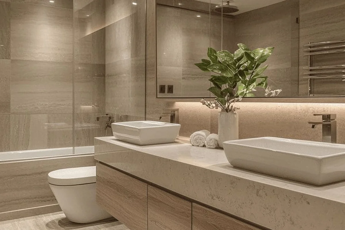 Modern bathroom remodel with double vanity and custom lighting